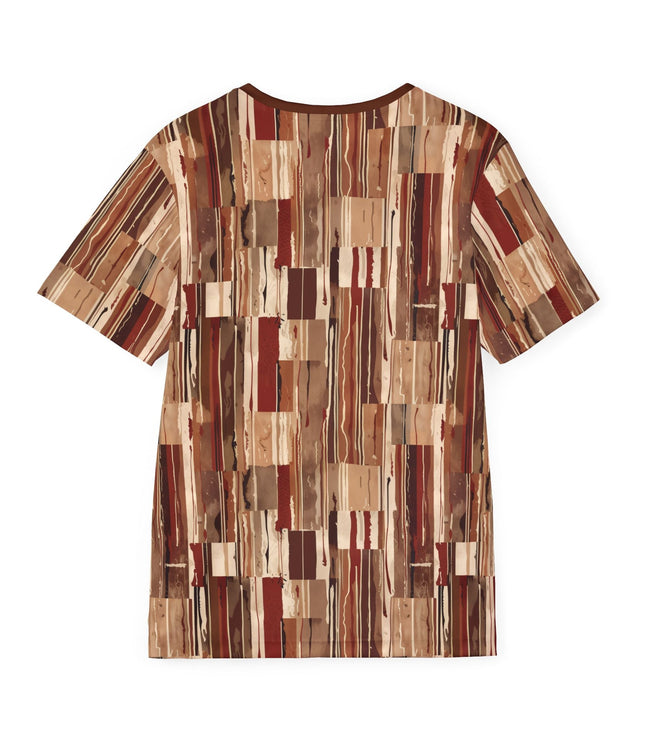 The back of a soft polyester sports jersey featuring a dripping pattern of squares and rectangles in earthy brick tones.