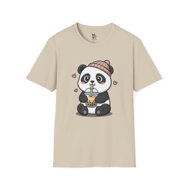 Cute Boba Panda Soft Cotton Unisex T-Shirt in Sand .
