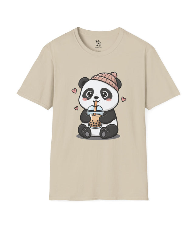 Cute Boba Panda Soft Cotton Unisex T-Shirt in Sand .