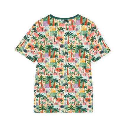 The back of a soft polyester sports jersey featuring a doodled pattern of palm trees, flora and pastels.