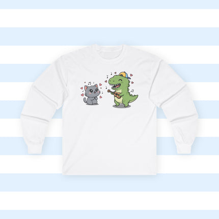Off-white long-sleeve shirt with a cartoon adoring cat and musician dinosaur graphic