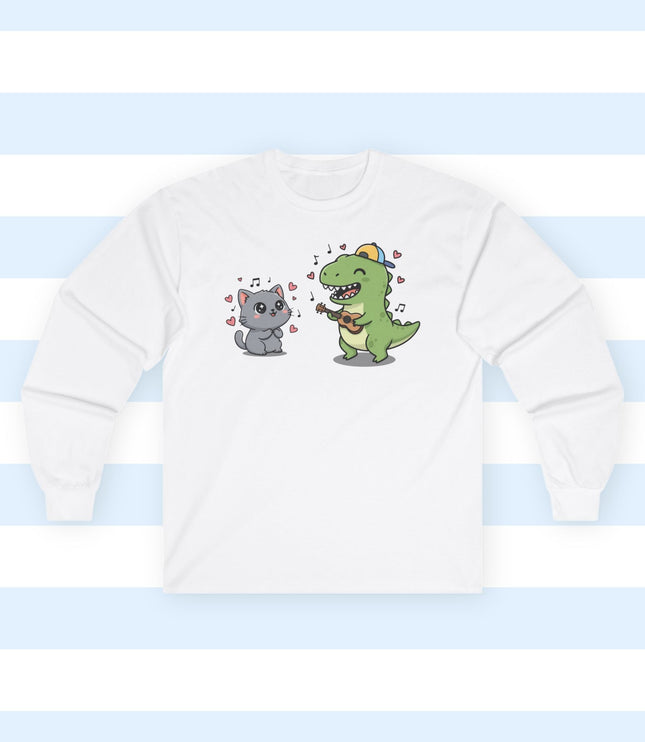 Off-white long-sleeve shirt with a cartoon adoring cat and musician dinosaur graphic