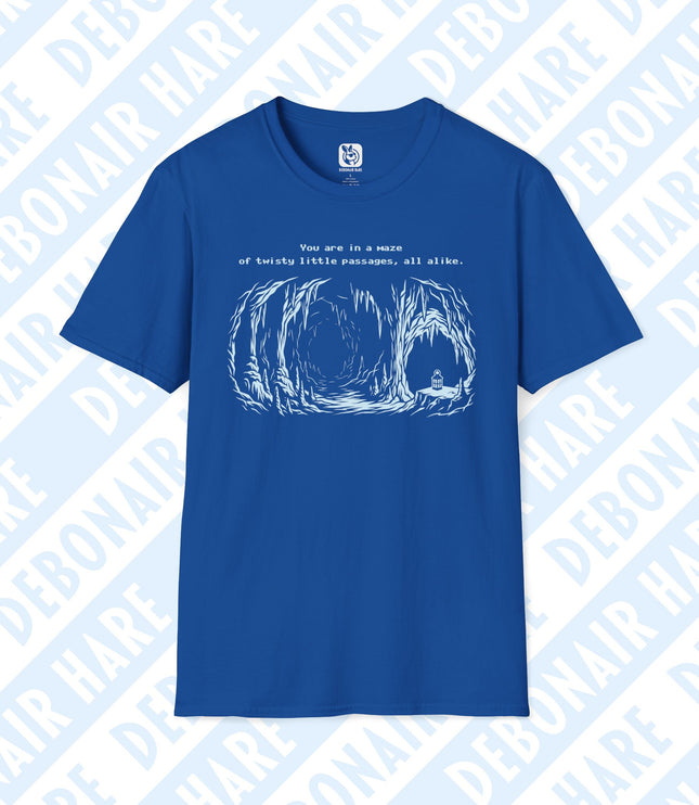 A blue t-shirt with an image of a cavern and a "Maze of Twisty Passages" caption