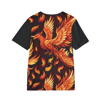 The back of a soft polyester sports jersey featuring a pattern of a red phoenix with floating feathers.