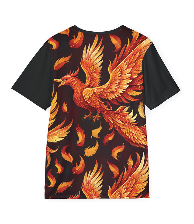 The back of a soft polyester sports jersey featuring a pattern of a red phoenix with floating feathers.