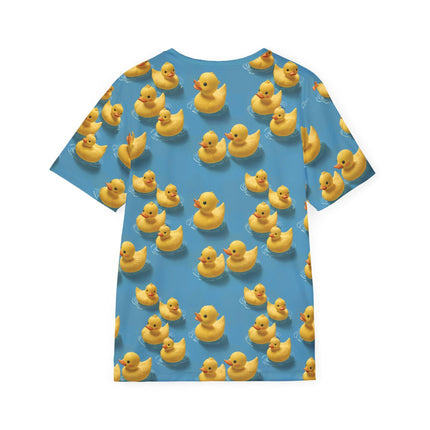 The back of a soft polyester sports jersey featuring a pattern of rubber duckies on an aqua blue background.