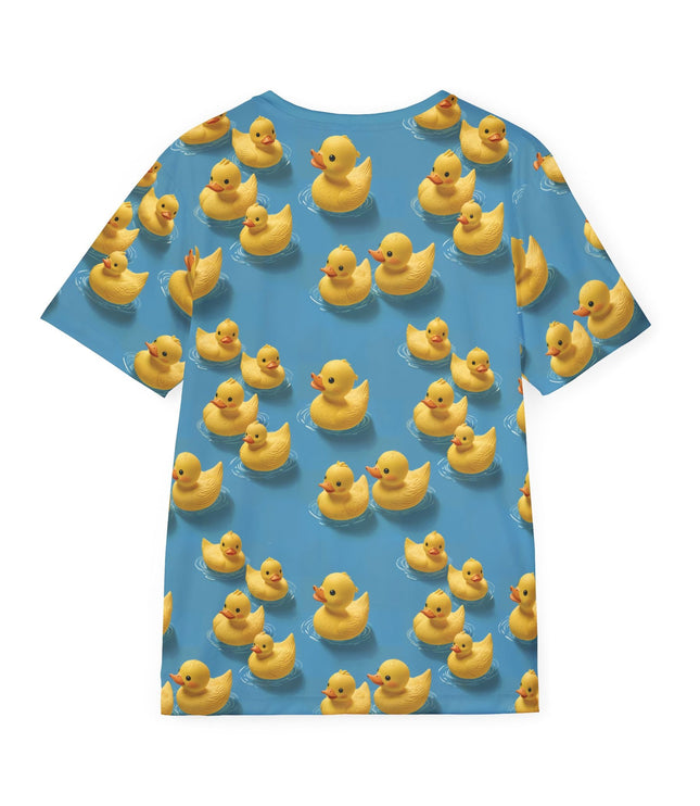 The back of a soft polyester sports jersey featuring a pattern of rubber duckies on an aqua blue background.