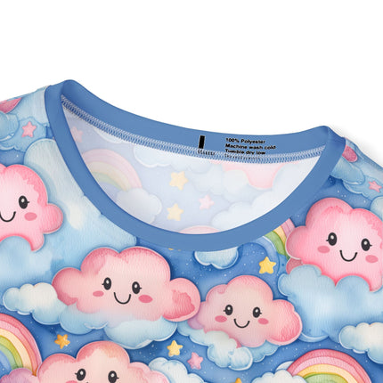The neck of a soft polyester sports jersey featuring a pastel pattern of happy pink clouds in a starry blue sky.
