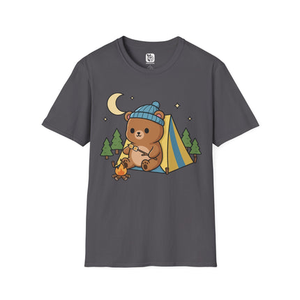 Cute Kawaii Camping Bear Soft Cotton Unisex T-Shirt in Charcoal .