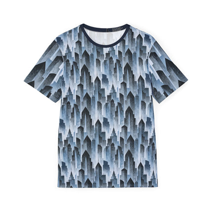 The front of a soft polyester sports jersey featuring a pattern of cool blue  skyscraper silhouettes.