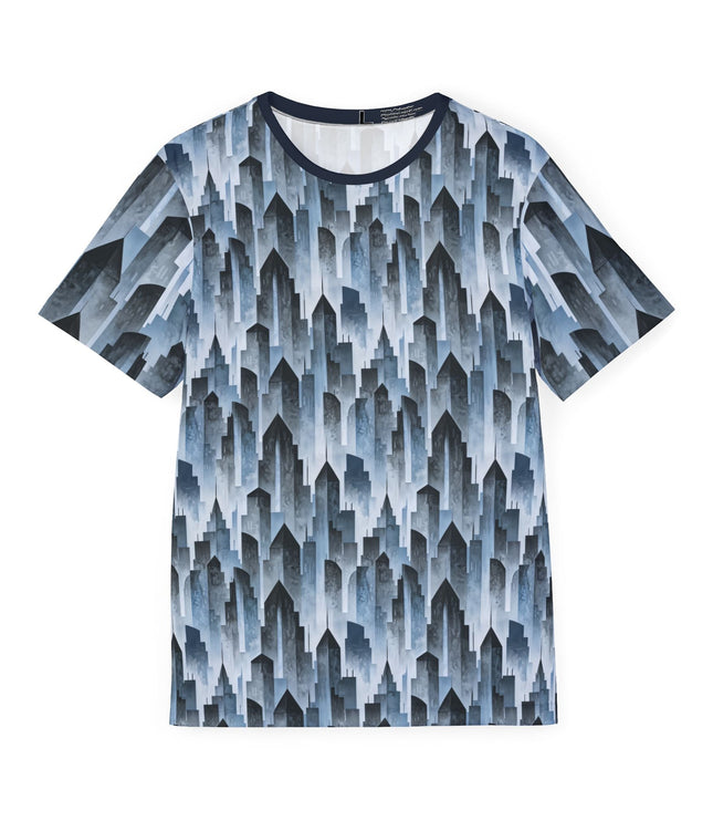 The front of a soft polyester sports jersey featuring a pattern of cool blue  skyscraper silhouettes.
