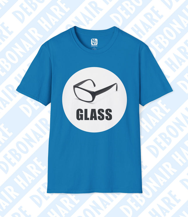 A blue t-shirt depicting glasses with a frame for only one eye, and the caption "Glass"