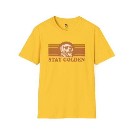 Yellow t-shirt with 'Stay Golden' graphic featuring a golden retriever with sunglasses.
