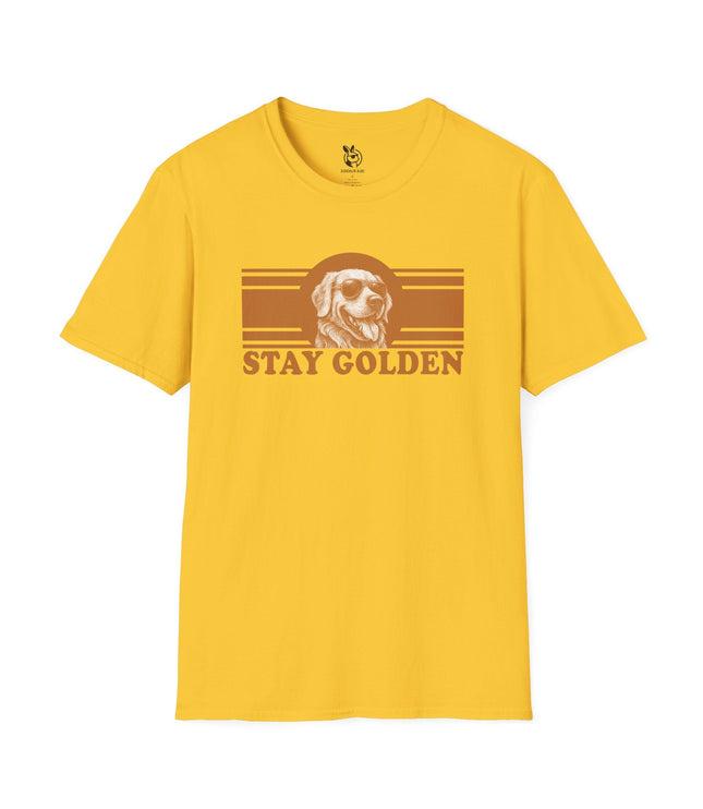 Yellow t-shirt with 'Stay Golden' graphic featuring a golden retriever with sunglasses.