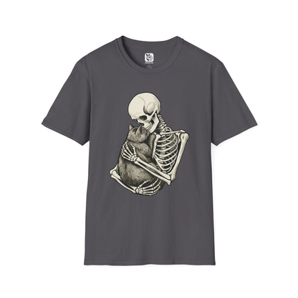 Gray t-shirt with a design of a skeleton holding a cat.