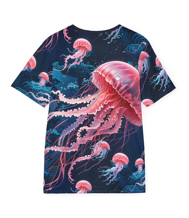 The back of a soft polyester sports jersey featuring pink deep sea jellyfish on dark blue background.