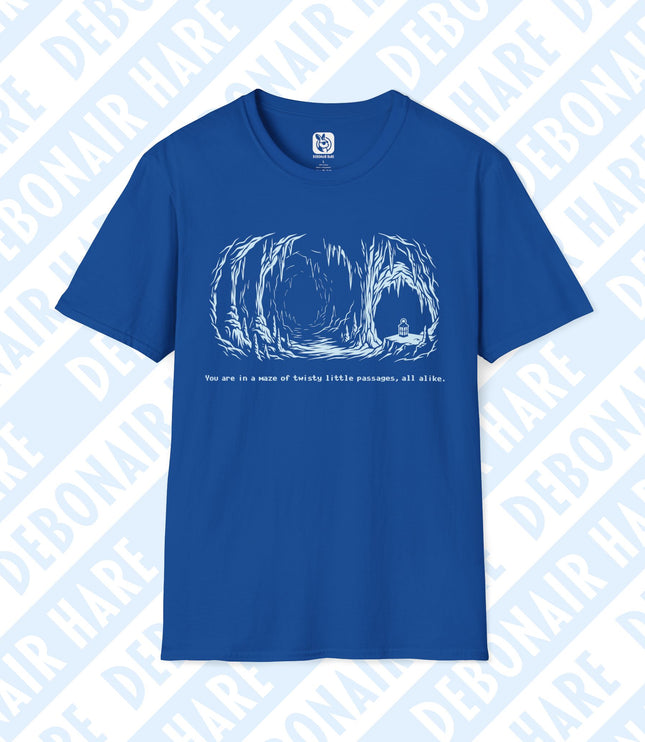A bright blue tshirt depicting a lonely cave with a single lantern, with the text "You are in a maze of twisty little passages, all alike."