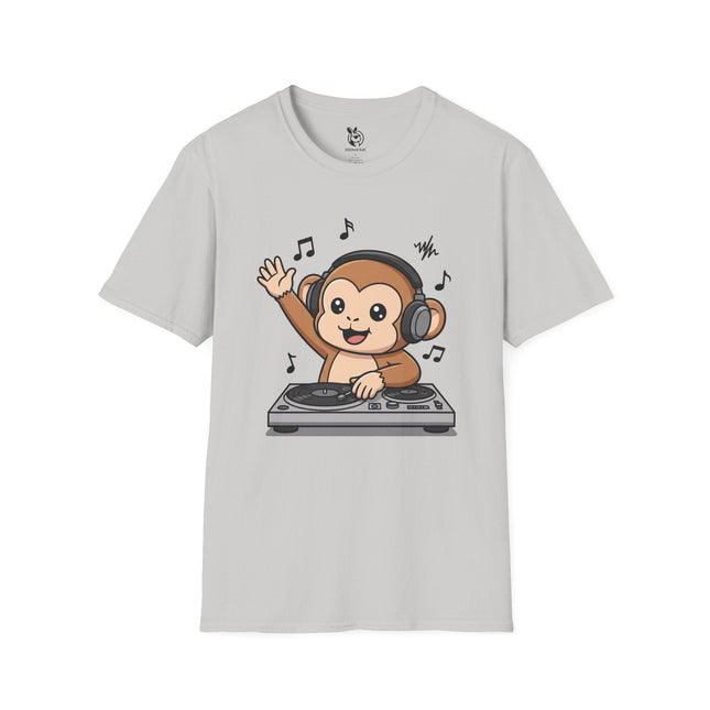 Cute DJ Monkey Soft Cotton Unisex T-Shirt in Ice Grey .