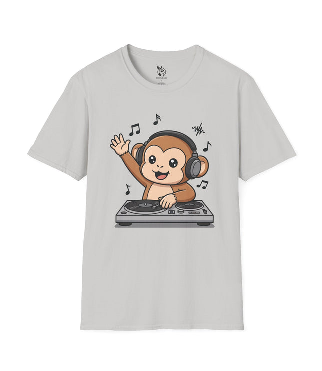 Cute DJ Monkey Soft Cotton Unisex T-Shirt in Ice Grey .
