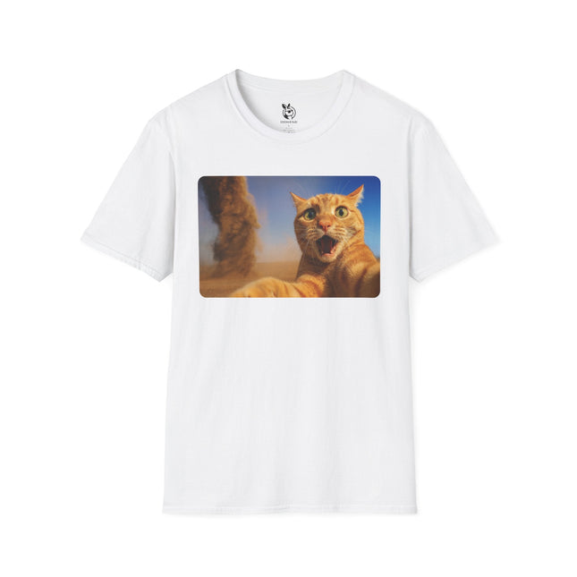 White t-shirt with a graphic of a cat freaking out over a tornado in the background.