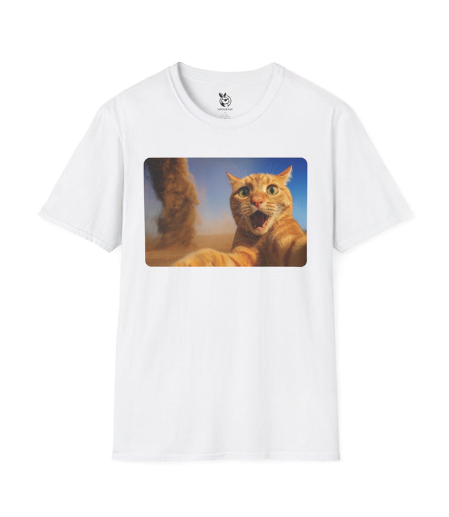 White t-shirt with a graphic of a cat freaking out over a tornado in the background.