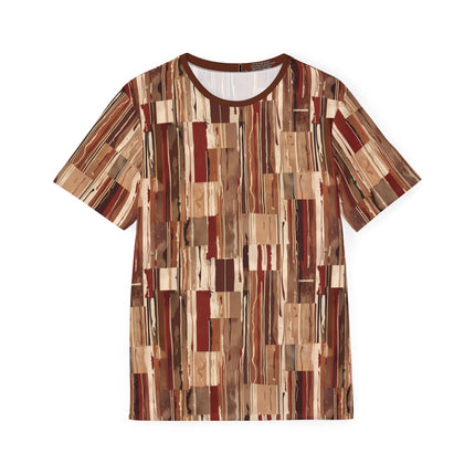 The front of a soft polyester sports jersey featuring a dripping pattern of squares and rectangles in earthy brick tones.
