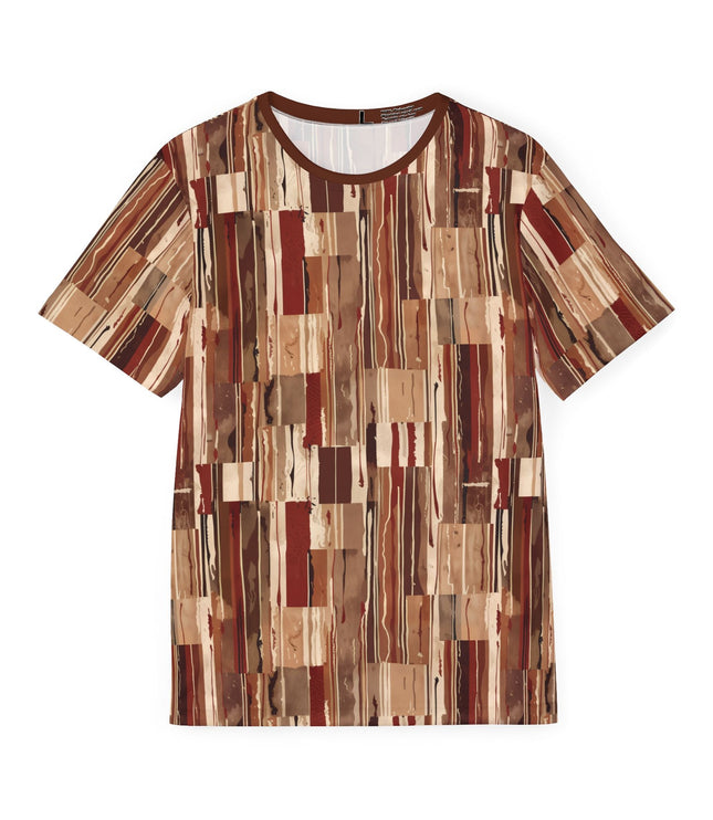 The front of a soft polyester sports jersey featuring a dripping pattern of squares and rectangles in earthy brick tones.