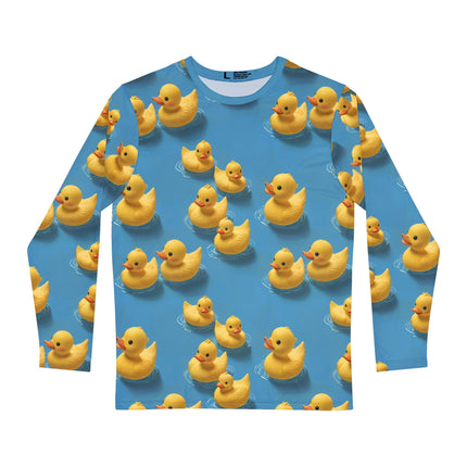 The front of a blue long sleeve shirt adorned with lots of rubber ducks