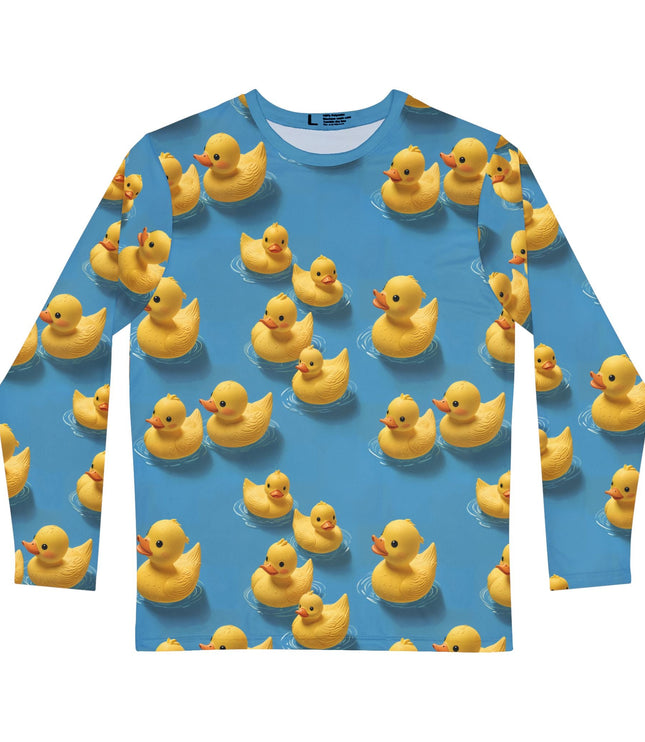 The front of a blue long sleeve shirt adorned with lots of rubber ducks