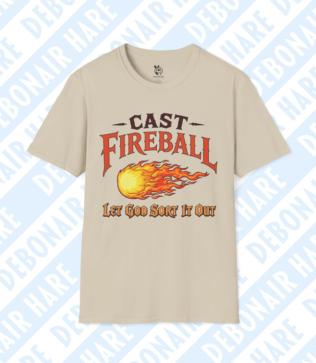 A beige t-shirt depicting "Cast fireball, let God sort it out"