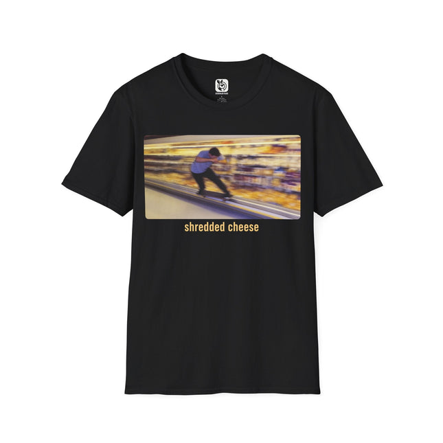 Shredded Cheese Skater Soft Cotton Unisex T-Shirt in Black .