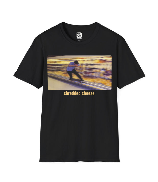 Shredded Cheese Skater Soft Cotton Unisex T-Shirt in Black .