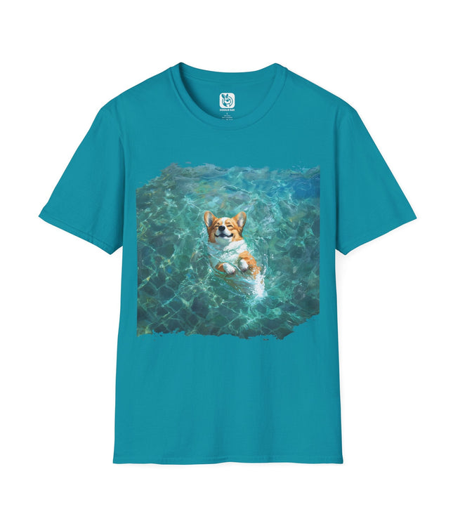 Happy Floating Swimming Corgi Unisex T-Shirt in Tropical Blue .