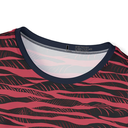 The neck of a soft polyester sports jersey featuring a red and black horizontal stripe pattern.