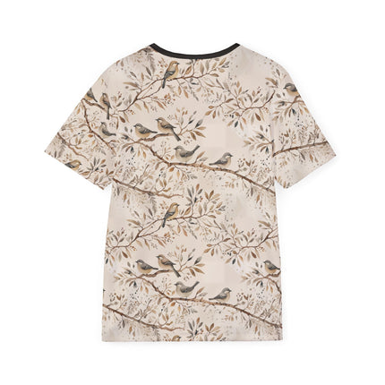 The back of a soft polyester sports jersey featuring a pattern of sparrows sitting on branches in a subdued palette.