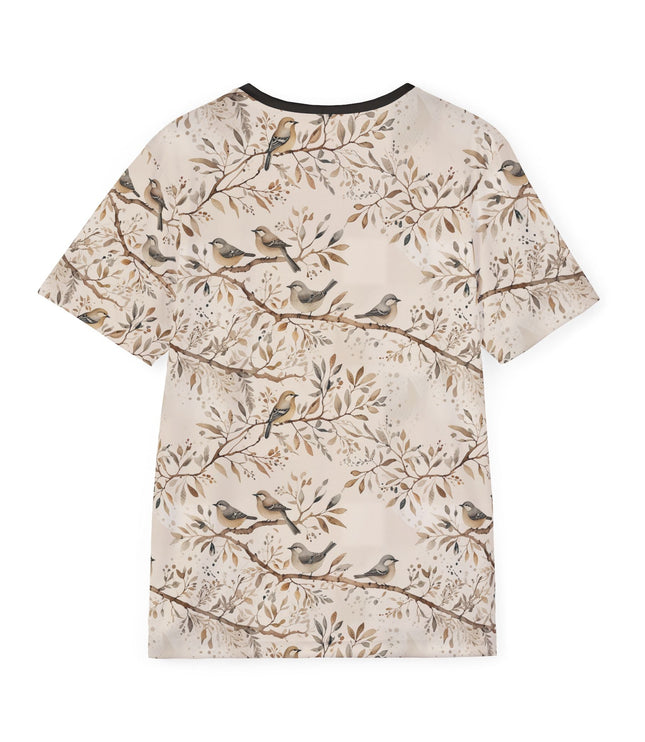 The back of a soft polyester sports jersey featuring a pattern of sparrows sitting on branches in a subdued palette.