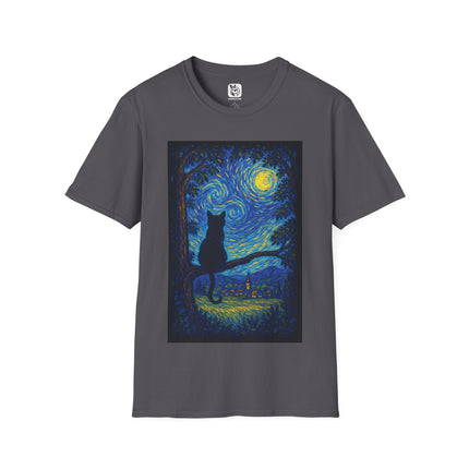 Starry Night Cat Landscape Unisex T-Shirt in Charcoal .