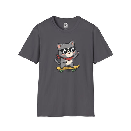Radical Skateboard Kitty Soft Cotton Unisex T-Shirt in Charcoal .