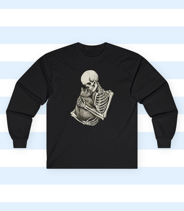 Black longsleeve shirt with a graphic of a skeleton hugging a cat