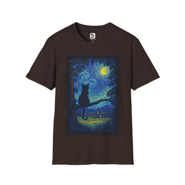 Starry Night Cat Landscape Unisex T-Shirt in Dark Chocolate .