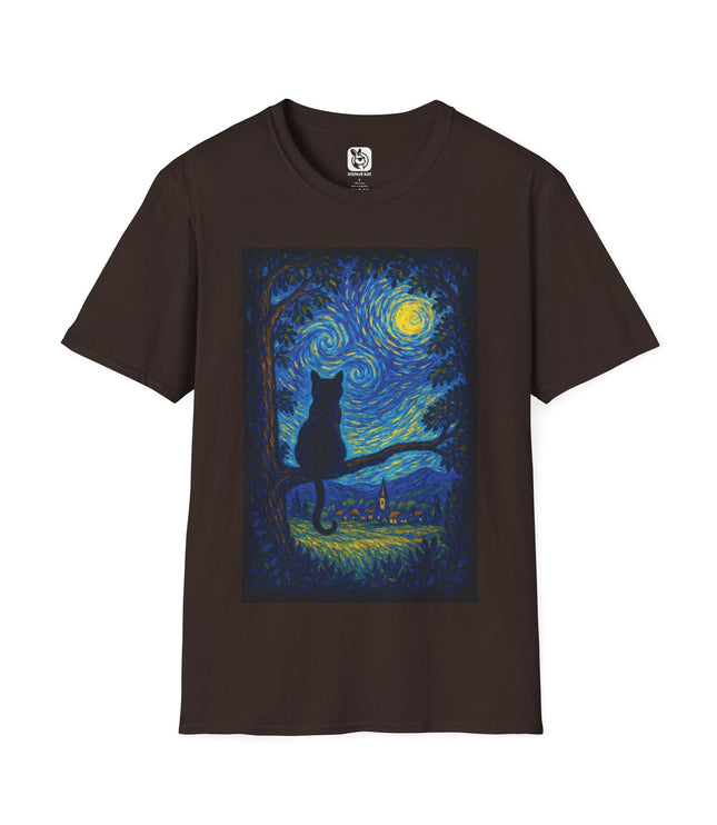 Starry Night Cat Landscape Unisex T-Shirt in Dark Chocolate .