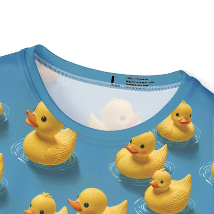 The neck of a soft polyester sports jersey featuring a pattern of rubber duckies on an aqua blue background.