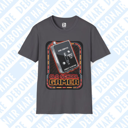 A charcoal t-shirt with an Old School Gamer graphic featuring an old TV adapter switch.