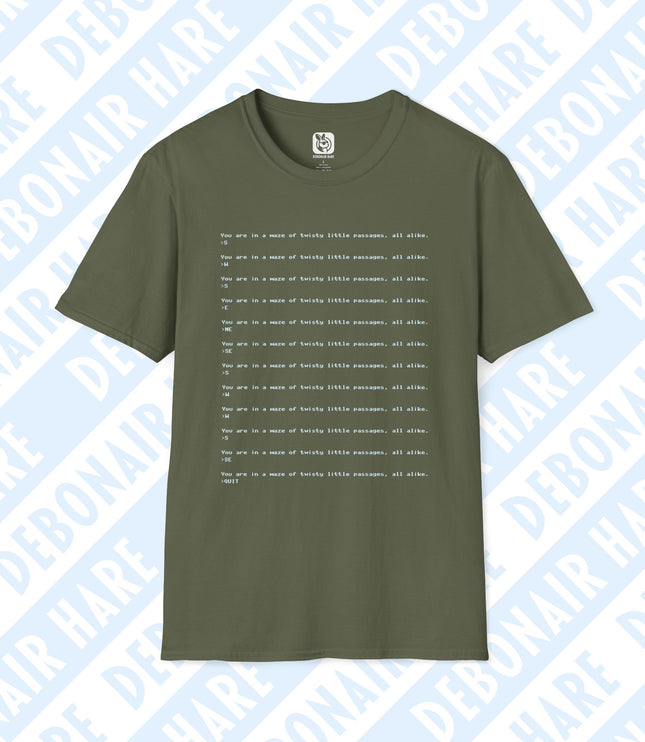 A military green t-shirt with the text "You are in a maze of twisty little passages, all alike" multiple times, with compass prompts after each.