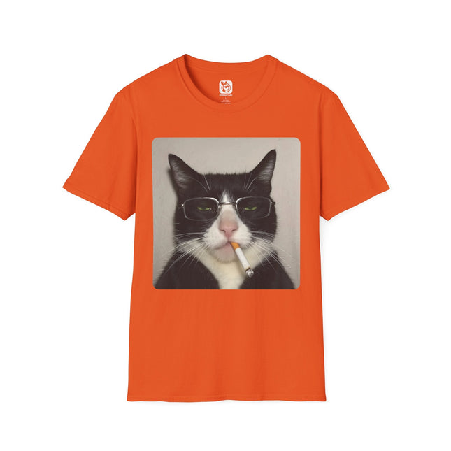 Orange t-shirt with a graphic of a cat smoking a cigarette