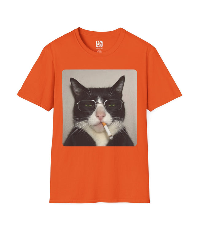 Orange t-shirt with a graphic of a cat smoking a cigarette