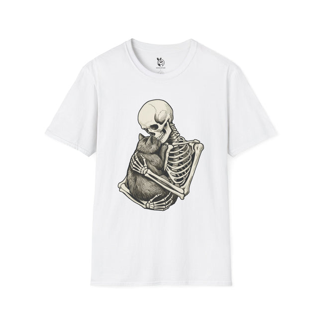 White t-shirt with a design of a skeleton holding a cat.
