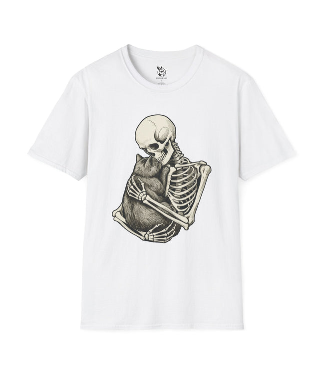White t-shirt with a design of a skeleton holding a cat.