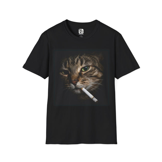Black t-shirt with a graphic of a cat smoking a cigarette