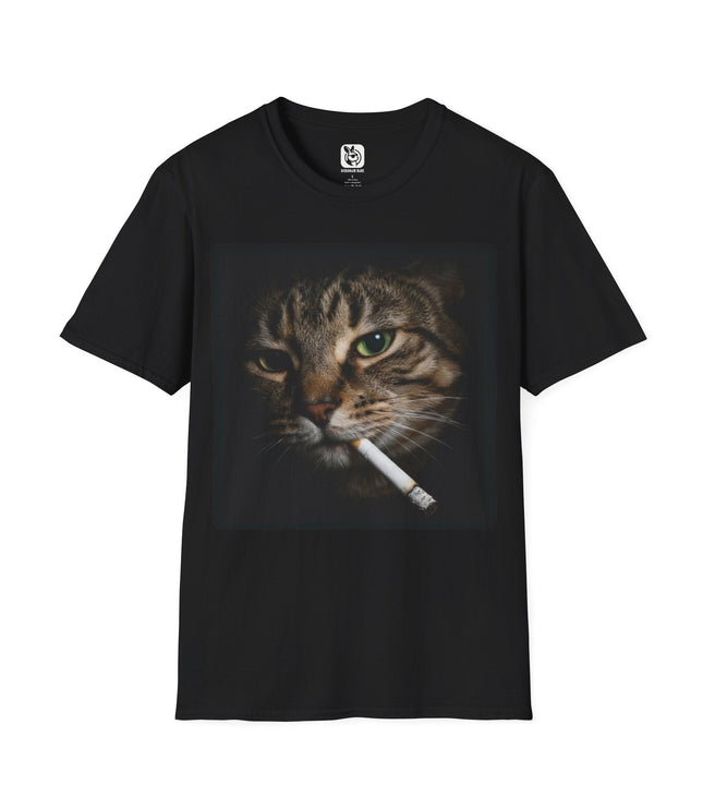 Black t-shirt with a graphic of a cat smoking a cigarette